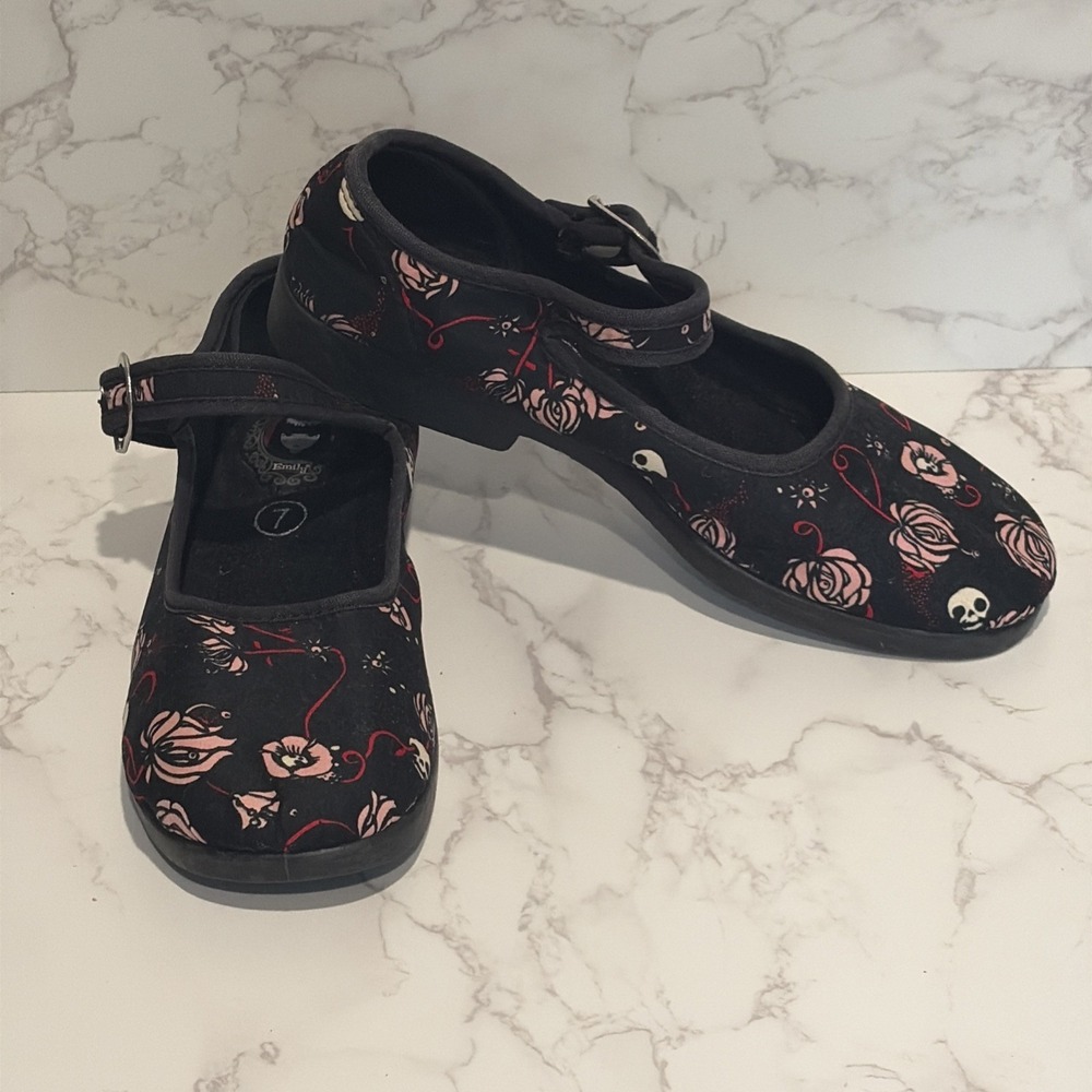 Emily The Strange Mary Janes By Tuk Skull Rose Print Womens Size 7 Emo Goth Punk